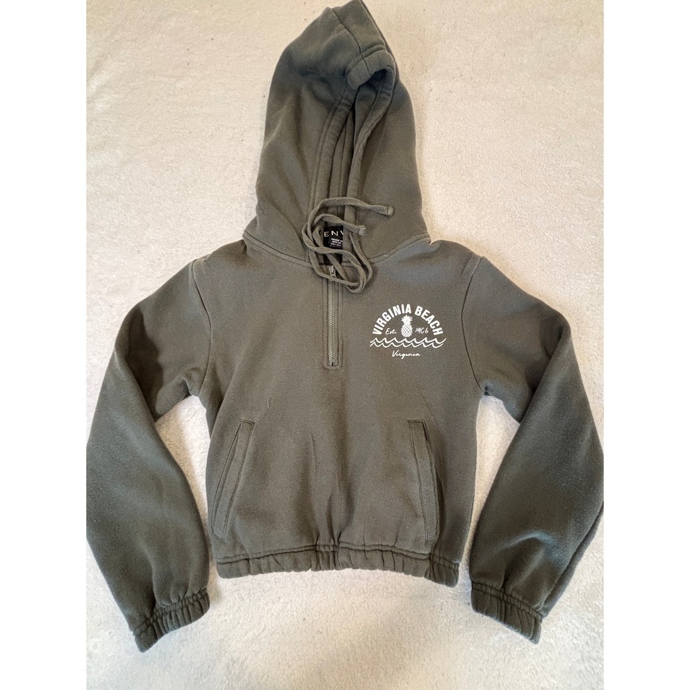 Envy Virginia Beach Quarter Zip Cropped Hoodie Small Olive Green Fleece Pullover